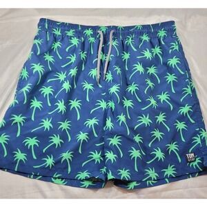 Tom & Teddy Men's Swim Trunks - Navy Blue w/ Green Palm Trees - Size XL